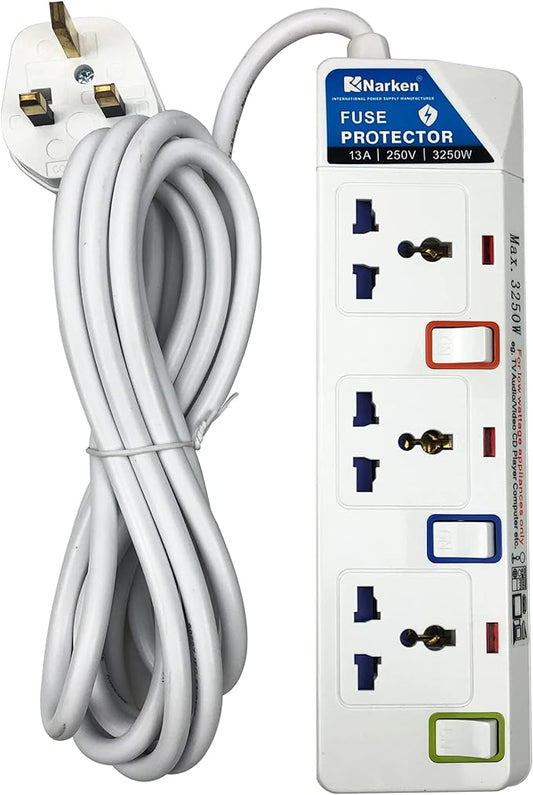 Narken E-Series Electric Universal Extension Cord 3 Socket 3 Meter Power Strip wire, 13A Fuse surge With Separate Single Switch and Indicate light, Max 13A, 3250W, AC 250V