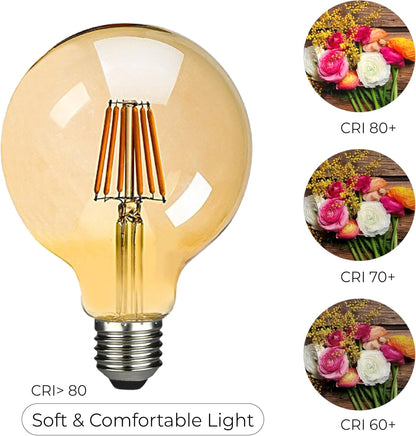 Mega Globe Filament Bulb, 60W Equivalent, 2Years Warranty, G80 (80mm*120mm) 6W LED E27 Edison Bulb, 2700K Warm White, 25000hr Lifespan, Antique Golden Glass Decoration Bulb