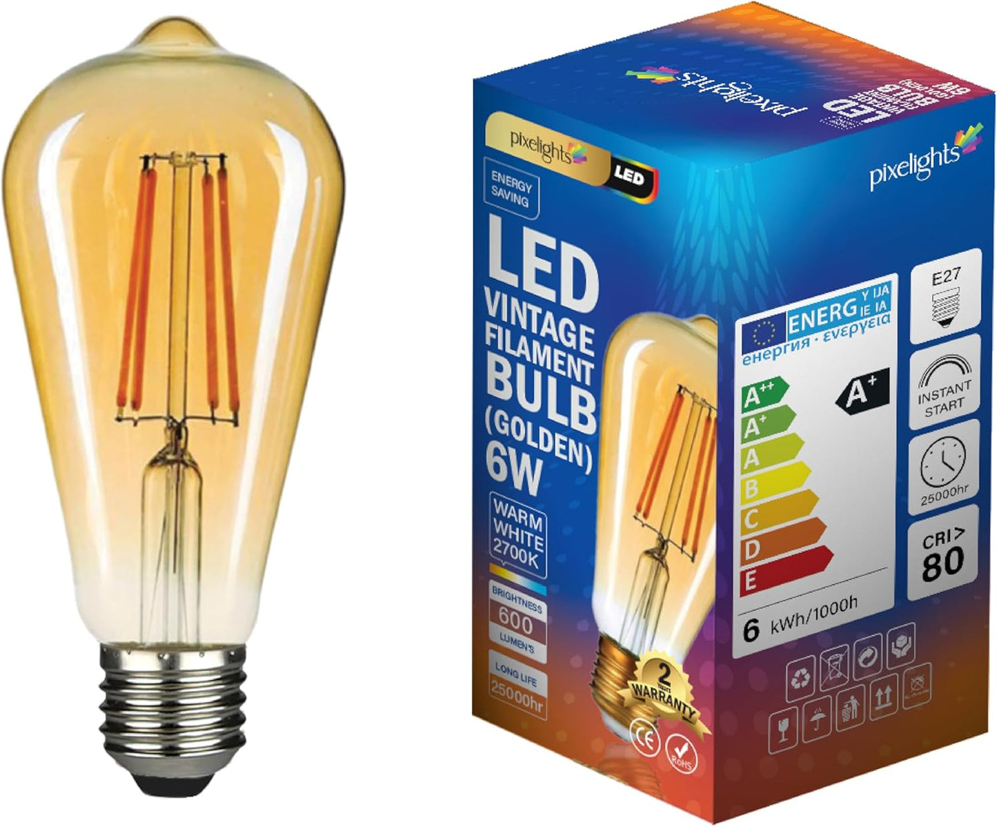 LED Vintage Edison Bulb, 6W E27, ST64 Golden, 2700K Warm White, 2Years Warranty, Antique Style Retro, 600Lumens, 25000Hr Long Life, CE