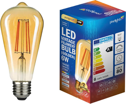LED Vintage Edison Bulb, 6W E27, ST64 Golden, 2700K Warm White, 2Years Warranty, Antique Style Retro, 600Lumens, 25000Hr Long Life, CE