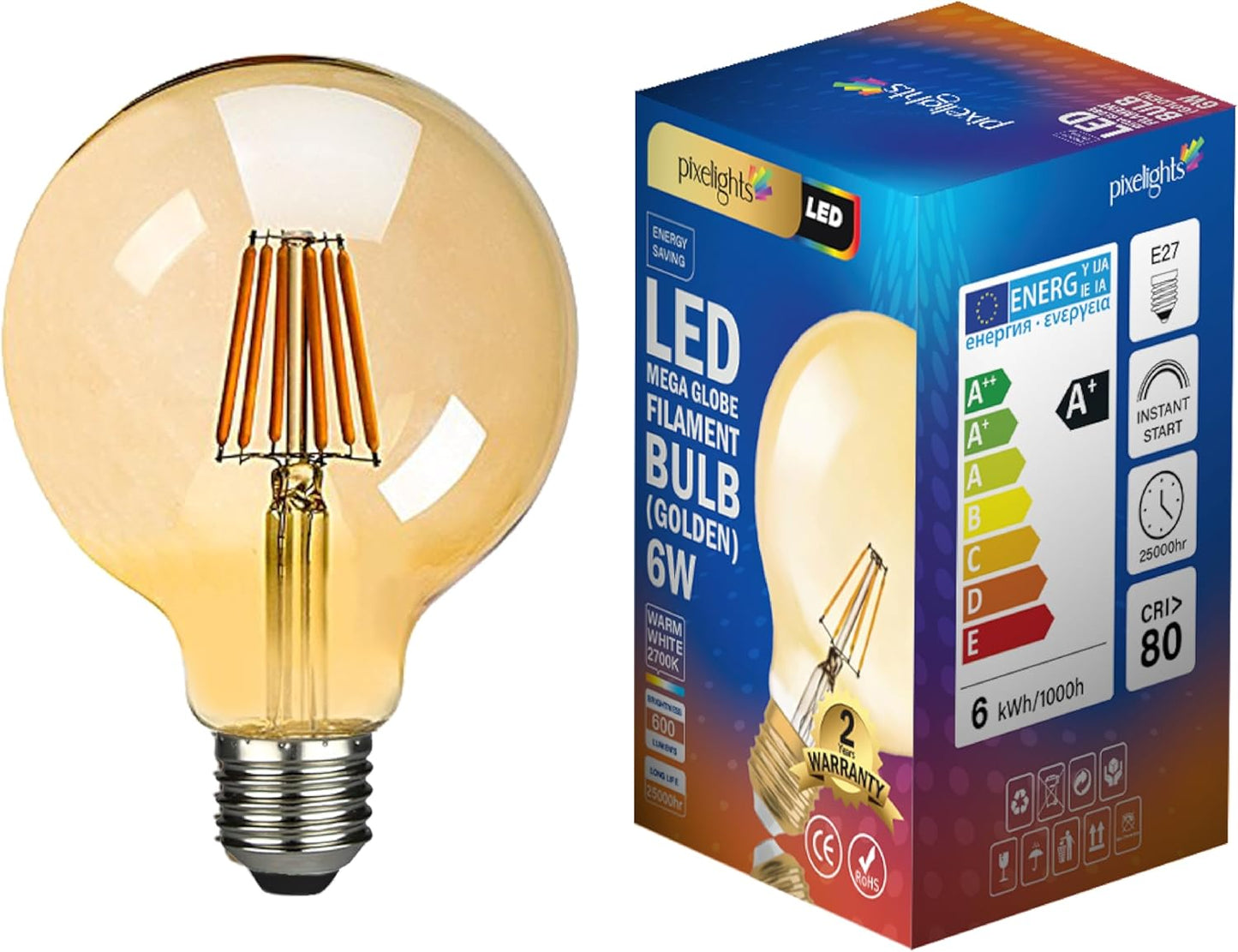 Mega Globe Filament Bulb, 60W Equivalent, 2Years Warranty, G80 (80mm*120mm) 6W LED E27 Edison Bulb, 2700K Warm White, 25000hr Lifespan, Antique Golden Glass Decoration Bulb