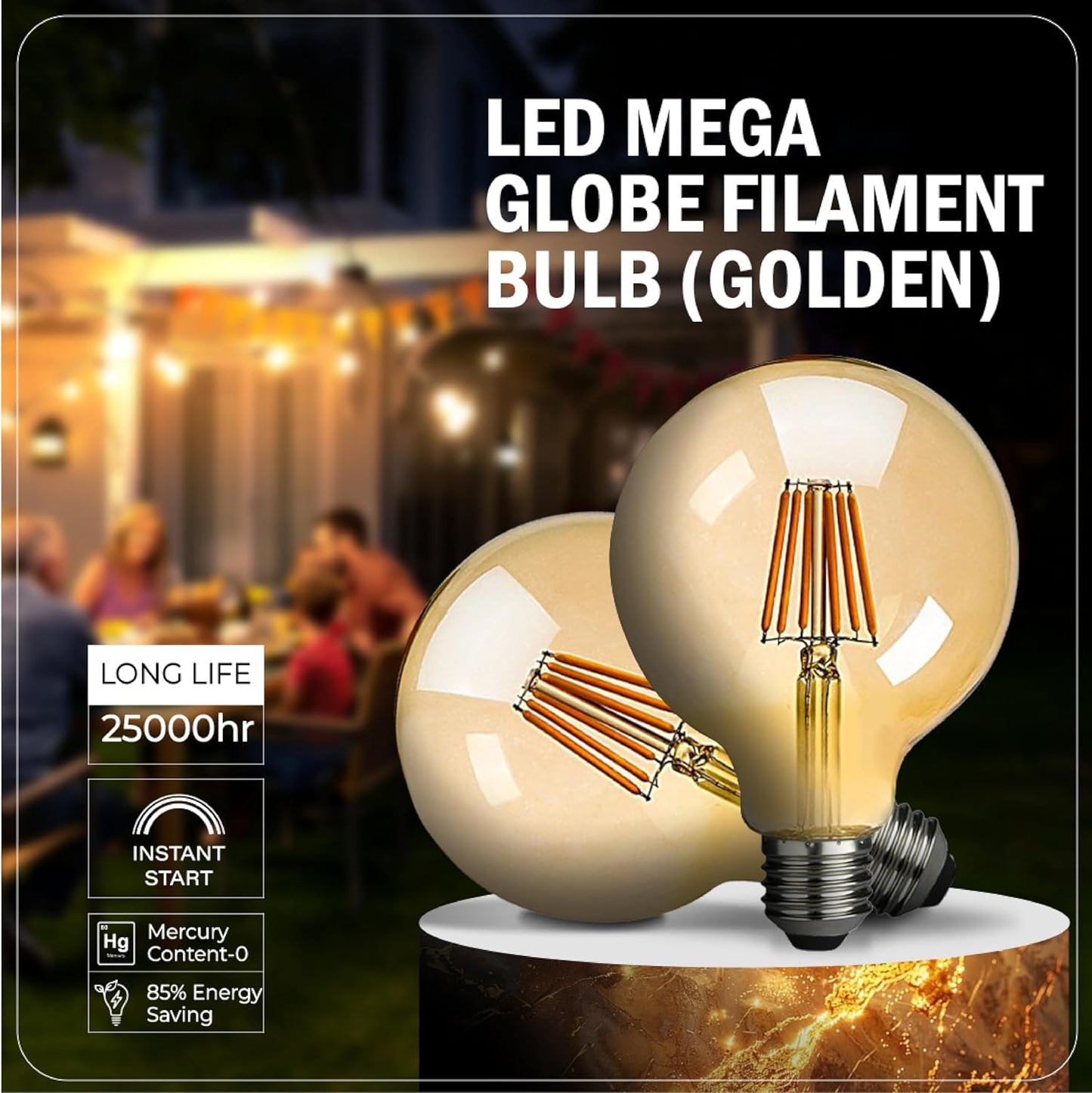 Mega Globe Filament Bulb, 60W Equivalent, 2Years Warranty, G80 (80mm*120mm) 6W LED E27 Edison Bulb, 2700K Warm White, 25000hr Lifespan, Antique Golden Glass Decoration Bulb