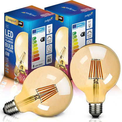 Mega Globe Filament Bulb, 60W Equivalent, 2Years Warranty, G80 (80mm*120mm) 6W LED E27 Edison Bulb, 2700K Warm White, 25000hr Lifespan, Antique Golden Glass Decoration Bulb