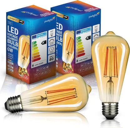 LED Vintage Edison Bulb, 6W E27, ST64 Golden, 2700K Warm White, 2Years Warranty, Antique Style Retro, 600Lumens, 25000Hr Long Life, CE